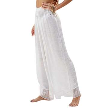 RUEWEY Women Cotton Linen See Through Cover Up Pants Bikini Bottom Wide Leg Palazzo Pajamas Trousers...