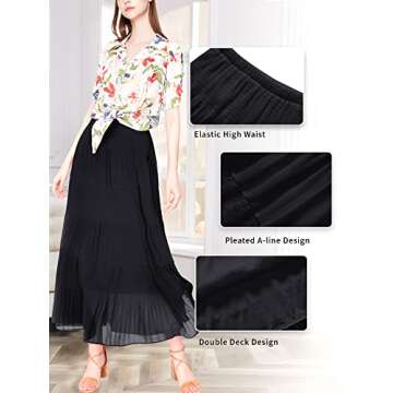 NASHALYLY Women's Chiffon Elastic High Waist Pleated A-Line Flared Maxi Skirts(Black,XL)