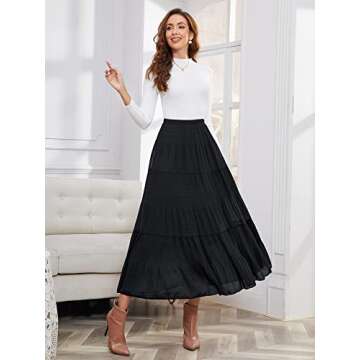NASHALYLY Women's Chiffon Elastic High Waist Pleated A-Line Flared Maxi Skirts(Black,XL)