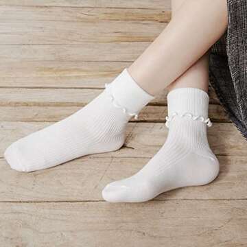 SRYL Women Ankle Socks Ruffle Turn-Cuff - 3 Pairs Light Blue