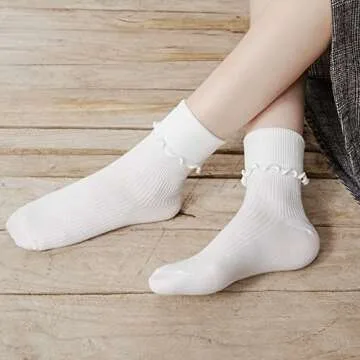SRYL Women Ankle Socks Ruffle Turn-Cuff - 3 Pairs Light Blue