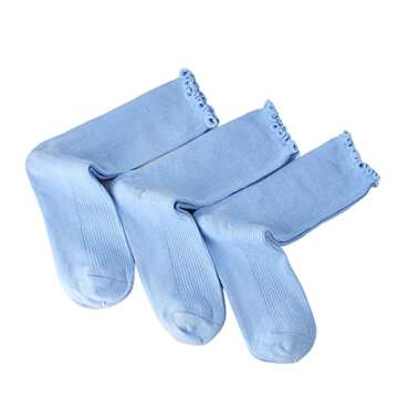 SRYL Women Ankle Socks Ruffle Turn-Cuff - 3 Pairs Light Blue