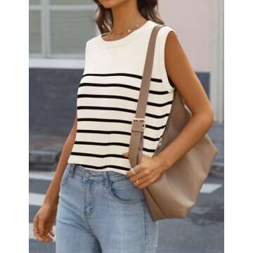 MIROL Women's Sleeveless Striped Tank Tops 2025 Summer Crewneck T-Shirts Basic Knit Casual Loose Blouse White