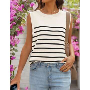 MIROL Women's Sleeveless Striped Tank Tops 2025 Summer Crewneck T-Shirts Basic Knit Casual Loose Blouse White