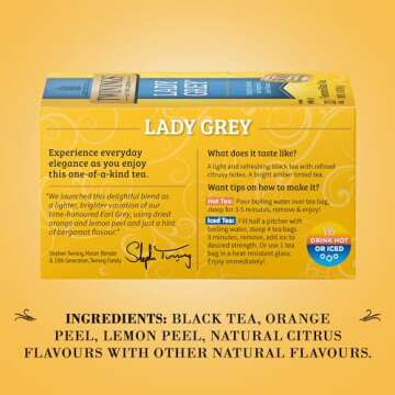 Twinings Lady Grey Tea - A Fresh, Uplifting Black Tea with Orange Peel, Lemon Peel, and Natural Citrus Flavours, Caffeinated Tea Bags, Individually Wrapped, 20 Count (Pack of 3)