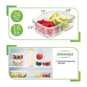 PrepNaturals Glass Meal Prep Containers Glass 2 Compartment (3 Pack) - Glass Food Storage Containers - Glass Storage Containers with Lids - Divided Glass Lunch Containers Food Container 24 Ounce