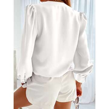 Women's Business Casual Tops Summer Long Sleeve Silk Button Down Shirts V Neck Chiffon Blouses A-White
