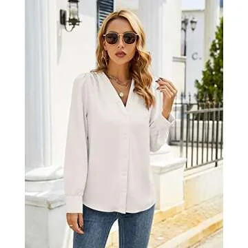 Women's Business Casual Tops Summer Long Sleeve Silk Button Down Shirts V Neck Chiffon Blouses A-White