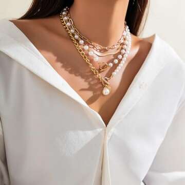 Gold Layered Necklace Multilaye Chunky Gold layered Pearl Paperclip Chain NecklaceAdjustable Layering Chain Gold Plated Necklaces Set for Women Jewerly（gold layered）