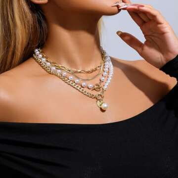 Gold Layered Necklace Multilaye Chunky Gold layered Pearl Paperclip Chain NecklaceAdjustable Layering Chain Gold Plated Necklaces Set for Women Jewerly（gold layered）