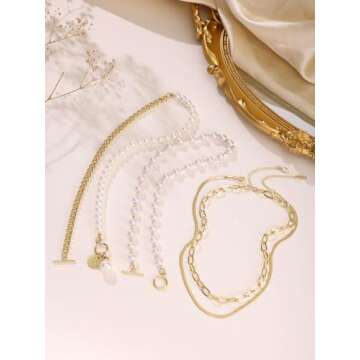 Gold Layered Necklace Multilaye Chunky Gold layered Pearl Paperclip Chain NecklaceAdjustable Layering Chain Gold Plated Necklaces Set for Women Jewerly（gold layered）