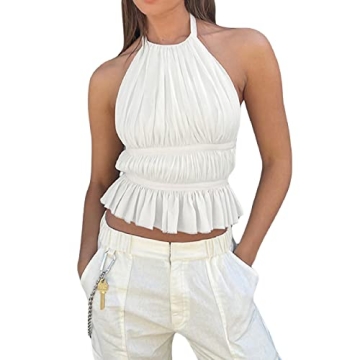 KMBANGI Backless Crop Top for Women Halter Tie Up Tank Top Sleeveless Pleated Camisole Sexy Bustier Aesthetic Clothes(White,M)