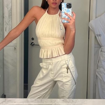 KMBANGI Backless Crop Top for Women Halter Tie Up Tank Top Sleeveless Pleated Camisole Sexy Bustier Aesthetic Clothes(White,M)