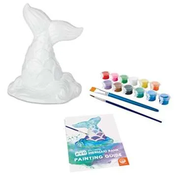MindWare Paint Your Own Porcelain: Mermaid Tail Bank with Rubber Stopper, 12 Paints & 1 Brush - Creative paintable Pottery Crafts & Gift Kits for Kids