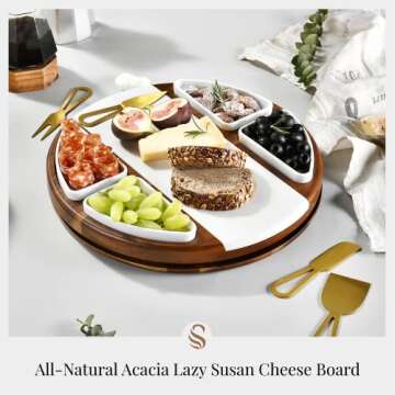 Shanik Upgraded Lazy Susan Marble Cheese Cutting Board Set, Round Acacia Charcuterie Board, Cheese Serving Platter with 4 Ceramic Bowls and Craft - Gift for Any Occasion (Without Engraving)