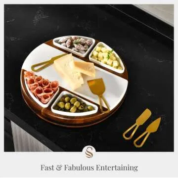 Shanik Upgraded Lazy Susan Marble Cheese Cutting Board Set, Round Acacia Charcuterie Board, Cheese Serving Platter with 4 Ceramic Bowls and Craft - Gift for Any Occasion (Without Engraving)