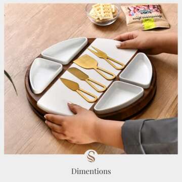 Shanik Upgraded Lazy Susan Marble Cheese Cutting Board Set, Round Acacia Charcuterie Board, Cheese Serving Platter with 4 Ceramic Bowls and Craft - Gift for Any Occasion (Without Engraving)