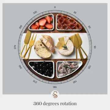 Shanik Upgraded Lazy Susan Marble Cheese Cutting Board Set, Round Acacia Charcuterie Board, Cheese Serving Platter with 4 Ceramic Bowls and Craft - Gift for Any Occasion (Without Engraving)