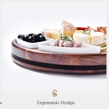 Shanik Upgraded Lazy Susan Marble Cheese Cutting Board Set, Round Acacia Charcuterie Board, Cheese Serving Platter with 4 Ceramic Bowls and Craft - Gift for Any Occasion (Without Engraving)