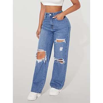 Floerns Women's Ripped High Waist Baggy Jeans Straight Leg Denim Pants Blue Plain Petite S
