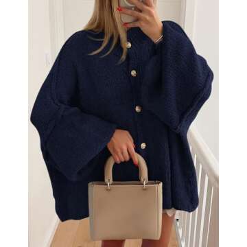 PRETTYGARDEN Women's Winter Button Down Cardigan Sweaters Mock Neck Lantern Long Sleeve Chunky Knit Jacket Trendy Outerwear (Navy,Small)