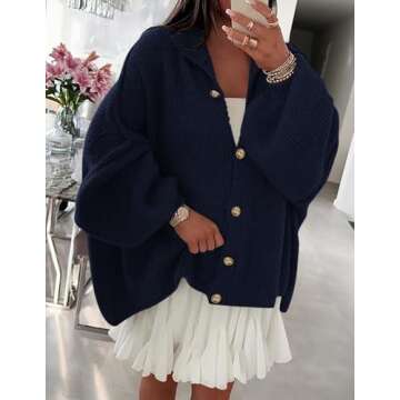 PRETTYGARDEN Women's Winter Button Down Cardigan Sweaters Mock Neck Lantern Long Sleeve Chunky Knit Jacket Trendy Outerwear (Navy,Small)
