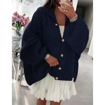 PRETTYGARDEN Women's Winter Button Down Cardigan Sweaters Mock Neck Lantern Long Sleeve Chunky Knit Jacket Trendy Outerwear (Navy,Small)