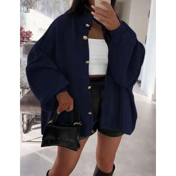 PRETTYGARDEN Women's Winter Button Down Cardigan Sweaters Mock Neck Lantern Long Sleeve Chunky Knit Jacket Trendy Outerwear (Navy,Small)