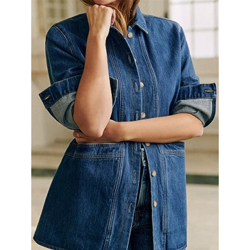 Fazortev Women's Oversized Buttoned Jacket Casual Long Sleeve Denim Boyfriend Coat Autumn Spring with Wide Side Pockets