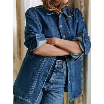 Fazortev Women's Oversized Buttoned Jacket Casual Long Sleeve Denim Boyfriend Coat Autumn Spring with Wide Side Pockets