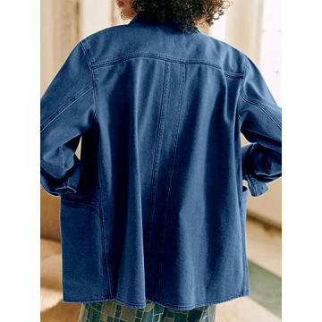 Fazortev Women's Oversized Buttoned Jacket Casual Long Sleeve Denim Boyfriend Coat Autumn Spring with Wide Side Pockets