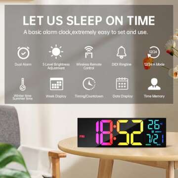 Digital Wall Clock Large Display, 16.2" Digital Wall Clock with RGB Color Changing Remote Control, Automatic Brightness Dimmer with Night Lights, Auto DST, Date Week,Temperature, Perfect for Gift