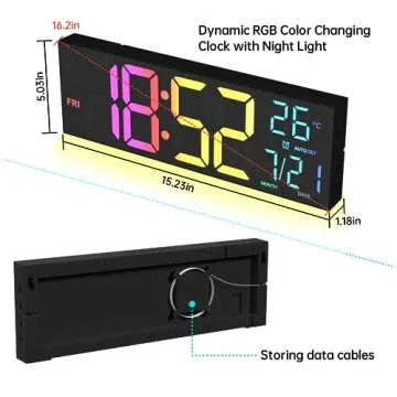 Digital Wall Clock Large Display, 16.2" Digital Wall Clock with RGB Color Changing Remote Control, Automatic Brightness Dimmer with Night Lights, Auto DST, Date Week,Temperature, Perfect for Gift