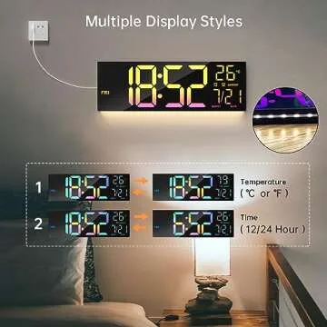 Digital Wall Clock Large Display, 16.2" Digital Wall Clock with RGB Color Changing Remote Control, Automatic Brightness Dimmer with Night Lights, Auto DST, Date Week,Temperature, Perfect for Gift