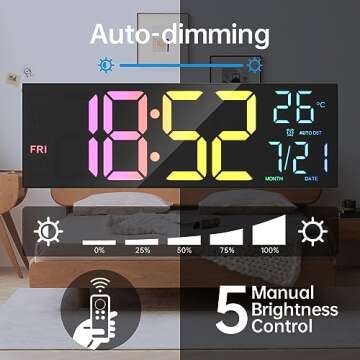 Digital Wall Clock Large Display, 16.2" Digital Wall Clock with RGB Color Changing Remote Control, Automatic Brightness Dimmer with Night Lights, Auto DST, Date Week,Temperature, Perfect for Gift