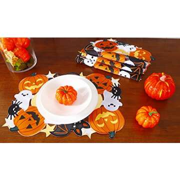 Holiday Halloween Placemat 13"x18" Set of 4, Cutwork Applique Embroidered Pumpkins and Bats Dresser Scarf for Home Dining Autumn Thanksgiving Tabletop Decoration