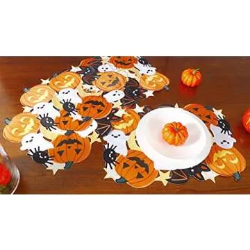 Holiday Halloween Placemat 13"x18" Set of 4, Cutwork Applique Embroidered Pumpkins and Bats Dresser Scarf for Home Dining Autumn Thanksgiving Tabletop Decoration