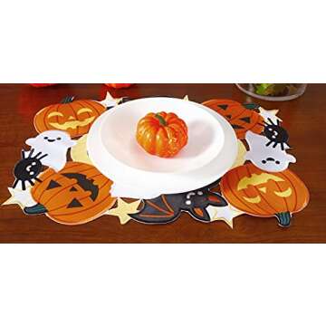 Holiday Halloween Placemat 13"x18" Set of 4, Cutwork Applique Embroidered Pumpkins and Bats Dresser Scarf for Home Dining Autumn Thanksgiving Tabletop Decoration
