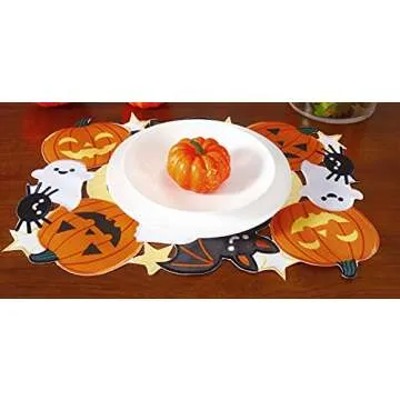 Holiday Halloween Placemat 13"x18" Set of 4, Cutwork Applique Embroidered Pumpkins and Bats Dresser Scarf for Home Dining Autumn Thanksgiving Tabletop Decoration