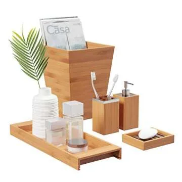 5-Piece Bathroom Decor Set - Bamboo Vanity Accessories with Trash Bin, Soap Dish, Soap Dispenser, To...