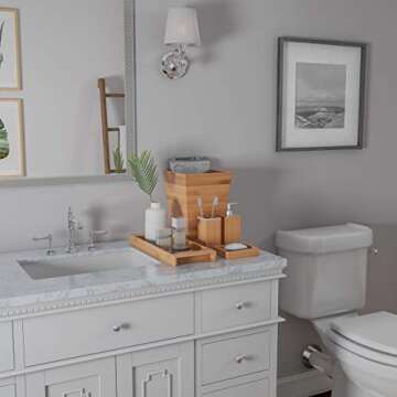 5-Piece Bathroom Decor Set - Bamboo Vanity Accessories with Trash Bin, Soap Dish, Soap Dispenser, Toothbrush Holder, and Tray by Lavish Home (Natural)