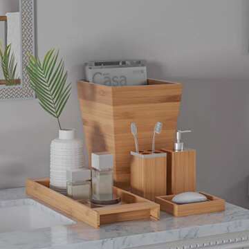 5-Piece Bathroom Decor Set - Bamboo Vanity Accessories with Trash Bin, Soap Dish, Soap Dispenser, Toothbrush Holder, and Tray by Lavish Home (Natural)