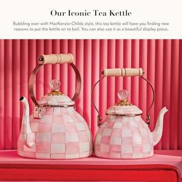 MACKENZIE-CHILDS Enamel Tea Kettle, Stylish Tea Kettle for Stovetop, Pink-and-White Rosy Check, 3 Quarts