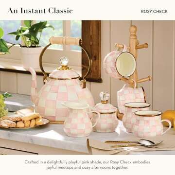 MACKENZIE-CHILDS Enamel Tea Kettle, Stylish Tea Kettle for Stovetop, Pink-and-White Rosy Check, 3 Quarts