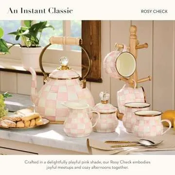 MACKENZIE-CHILDS Enamel Tea Kettle, Stylish Tea Kettle for Stovetop, Pink-and-White Rosy Check, 3 Quarts