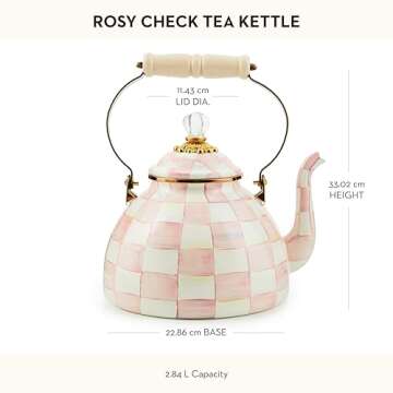 MACKENZIE-CHILDS Enamel Tea Kettle, Stylish Tea Kettle for Stovetop, Pink-and-White Rosy Check, 3 Quarts