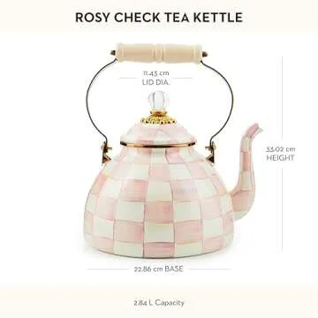 MACKENZIE-CHILDS Enamel Tea Kettle, Stylish Tea Kettle for Stovetop, Pink-and-White Rosy Check, 3 Quarts