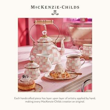 MACKENZIE-CHILDS Enamel Tea Kettle, Stylish Tea Kettle for Stovetop, Pink-and-White Rosy Check, 3 Quarts