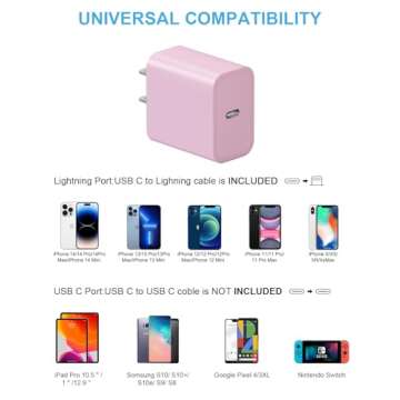 iPhone 14 13 12 Fast Charger 20W PD USB C Wall Charger with 6FT Fast Charging Cable for iPhone 14/14 Pro/14 Pro Max/14 Plus/13/12/11/Pro/Pro Max/Mini/Xs Max/X, iPad - Pink