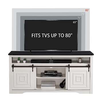 Okvnbjk White TV Stand for 75" TV, Entertainment Centre with Sliding Barn Door, Farmhouse Style TV C...